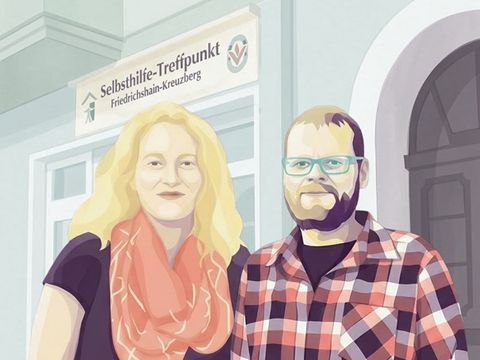 Illustration von Diana Eulau und Konstantin Ingenkamp, den beiden hauptamtlichen Mitarbeiter*innen des Selbsthilfe-Treffpunkts, die vor der Einrichtung in der Boxhagener Str. 89 stehen