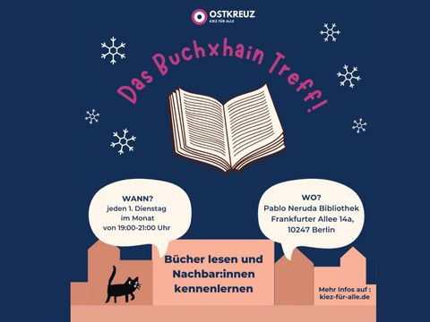 Veranstaltungsgrafik mit aufgeschlagenem Buch, Stadtsilhouette und Veranstaltungstitel