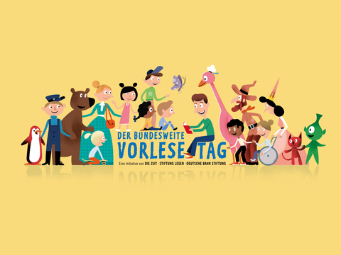 Illustration mit zahlreichen Figuren zum bundesweiten Vorlesetag 2025