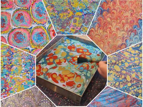Kaleidoskop von Ebru-Bildern (Bilder sind mehrfarbige Muster mit Marmoranmutung)