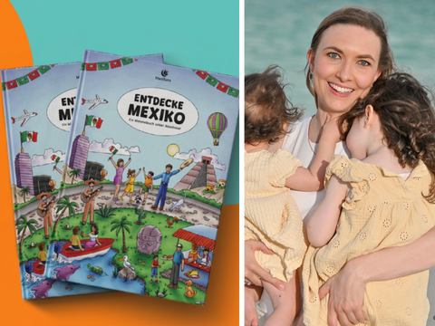 Buchcover "Entdecke Mexiko" und Foto von Frau mit zwei Kindern