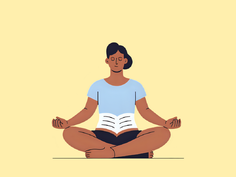 Illustration mit meditierender Person, vor deren Bauch ein Buch abgebildet ist.