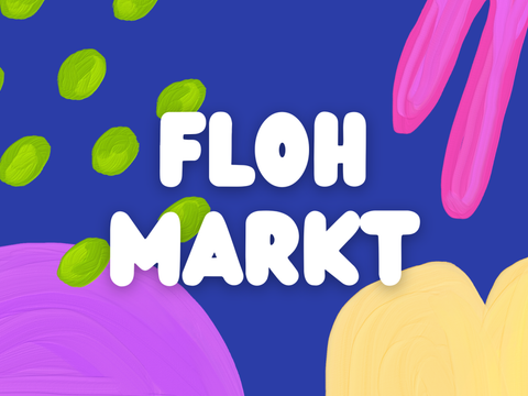 Titelbild mit Flohmarkt-Schriftzug und grafischen Elementen auf blauem Grund