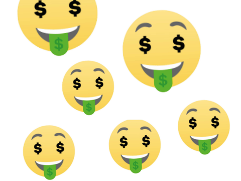 Mehrere Smileys mit Dollarzeichen als Augen und auf grüner ausgestreckter Zunge
