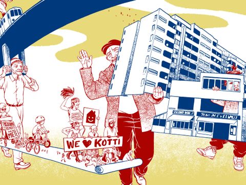 Illustration von einer fiktiven Straßenszene mit Figuren, Architektur und Ubahntrasse
