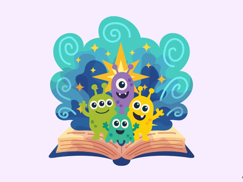 Süße Monster winken aus einem aufgeschlagenen Buch heraus