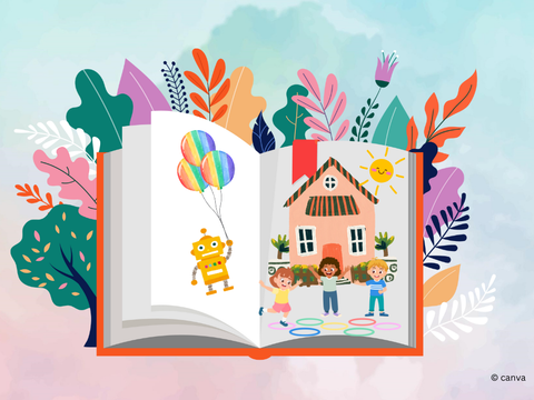 Grafik: aufgeschlagenes Buch mit Blättern und Bäumen im Hintergund, auf den Buchseiten ein Roboter und ein Haus mit spielenden Kindern davor