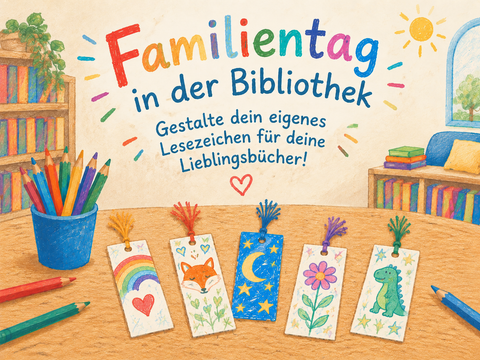 Grafik mit Buntstiften und Lesezeichen auf einem Tisch in einer Bibliothek