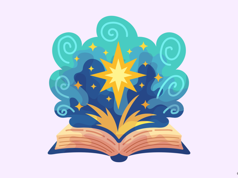 Geöffnetes Buch aus dem Sterne und magischer Rauch strömen