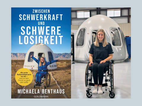 Buchcover mit Autorinnenfoto in Rollstuhl vor Raumkapsel