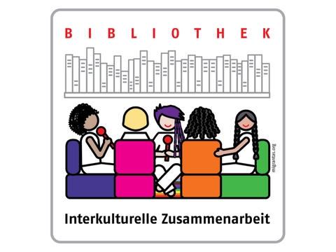 Piktogramm mit mehreren Personen, die in einer Bibliothek ins Gespräch kommen