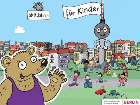 Comic-Zeichnung mit winkendem Bär in lila Tanktop vor Berliner Skyline