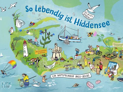 Landkarte von Hiddensee mit vielen Einzeichnungen wie Urlauber*innen, Strandkörbe, Leuchtürme u.ä.