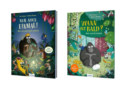 Buchcover mit Buchtitel und Gorilla an Lagerfeuer und neben einem Ei