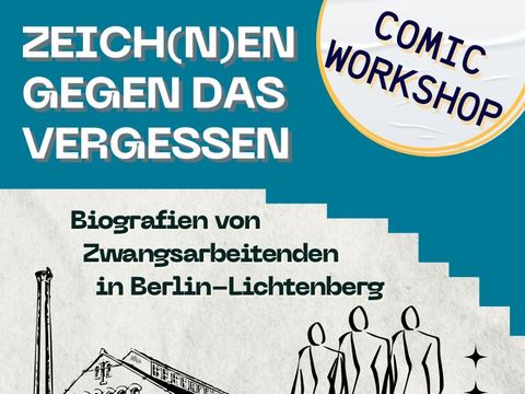 Flyer für Comic Workshop mit Zeichnung einer Fabrik und drei abstrakten Personen