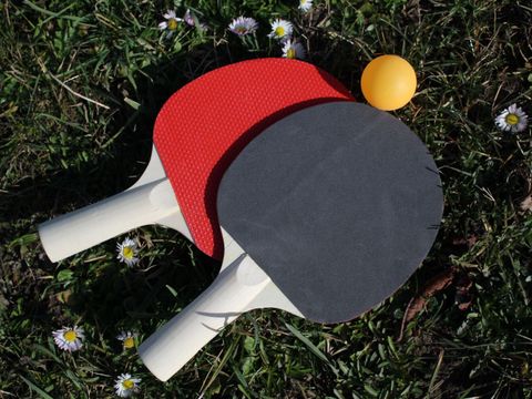 Zwei Tischtennisschläger liegen auf einer grünen Wiese