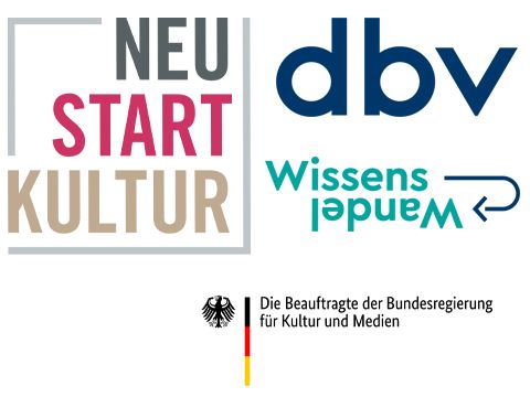 Logos: NEUSTART KULTUR, dbv, WissensWandel, Die Beauftragte der Bundesregierung für Kultur und Medien