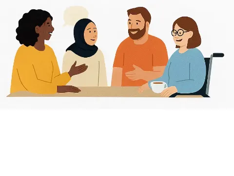 Grafik mit vier Personen, die sich freundlich unterhalten. Eine Frau mit dunkler Haut und lockigem Haar, eine Frau mit Kopftuch, ein bärtiger Mann und eine Frau im Rollstuhl mit Brille und einer Tasse Kaffee.