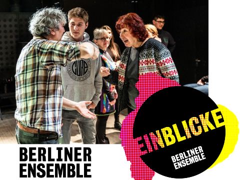 Logos Berliner Ensemble und Einblicke, Foto von diskutierenden Menschen
