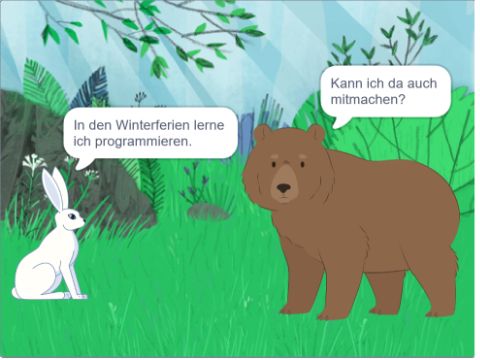 Grafik mit einem Hasen und Bären, die programmieren lernen wollen
