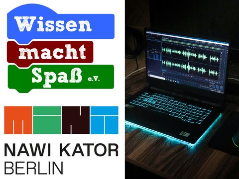 Logo Wissen macht Spaß und Nawi Kator Berlin, dazu ein Foto eines Laptops mit Soundsoftware