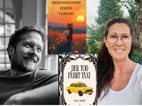 Fotos von Giuliana Jakobeit & Konrad Bösherz und Buchcover: Geschichten eines Tanuki und Der Tod fährt Taxi von Lars A. Cramer
