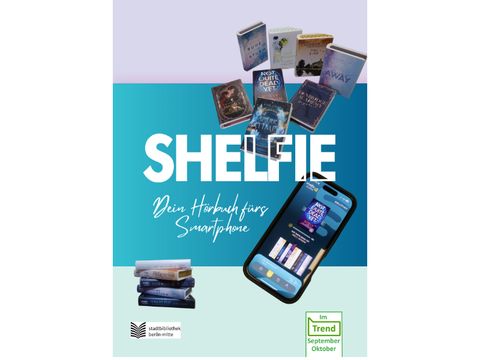Plakat mit Schrift: Shelfie, Shelfies und einem Smartphon