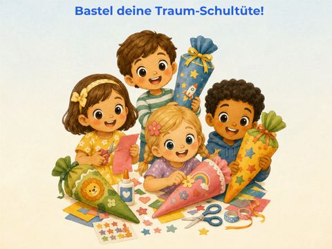 Vier Kinder sitzen zusammen und basteln bunte Schultüten mit Aufklebern, Schere und Kleber