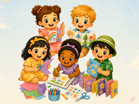 Poster vom Bastelworkshop in den Sommerferien (Illustration mit Kindern, die basteln und malen, dazu Schriftzüge mit Datum und Ort)