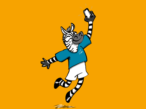 Banner mit Digitalzebra (Zebra-Cartoon-Figur freudig springend mit Smartphone in der Hand und blaues T-Shirt mit VÖBB-Logo tragend), Hintergrund orange