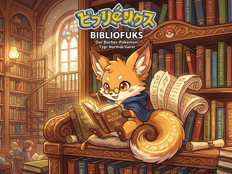 Ein kleines, fuchsähnliches Pokémon mit buschigem Schwanz sitzt in einer alten Bibliothek und hält ein Buch mit dem Titel "Altes Wissen'"