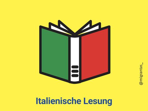 Offenes Buch mit den Farben der italienischen Flagge vor gelbem Hintergrund und dem Text 'Italienische Lesung'