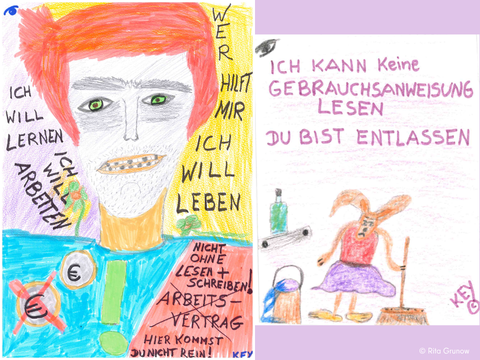 Zwei farbige Zeichnungen: Links ein Mann mit rotem Haar und grünen Augen, umgeben von Texten wie 'Ich will lernen', 'Ich will arbeiten', 'Wer hilft mir', 'Nicht ohne Lese- + Schreiben-Arbeitsvertrag'; rechts eine Figur mit Hasenkopf, die einen Stock