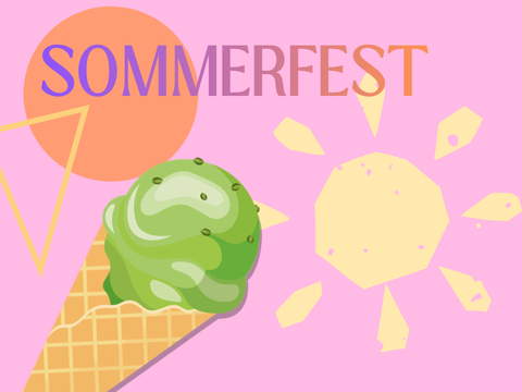 Eiswaffel mit zwei grünen Kugeln vor rosa Hintergrund mit stilisierter Sonne und dem Schriftzug "Sommerfest" in bunten Großbuchstaben