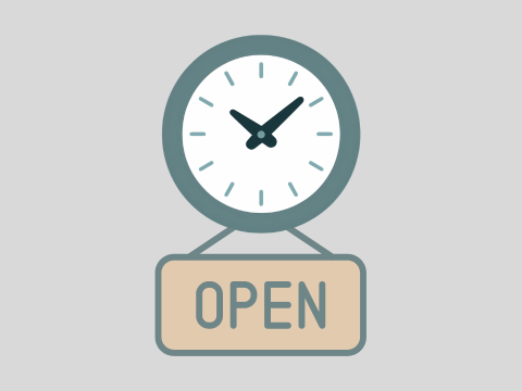 Uhr mit Zeigern auf 10:10 und einem Schild mit der Aufschrift 'OPEN'