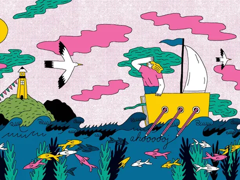 Eine Illustration mit einem Leuchturm, einem Boot mit einer Frau und dem Meer mit Fischen.