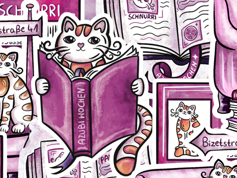 Illustration einer Katze mit einem Buch, umgeben von Büchern, Sesseln und Schildern in Pink- und Lilatönen.