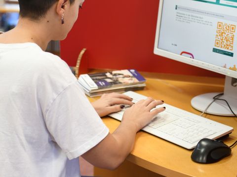 Person sitzt am Schreibtisch und schreibt an einem Rechner.