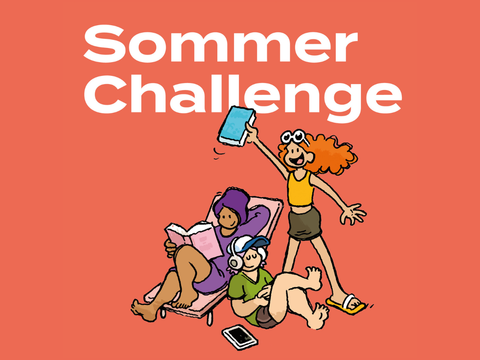Text: "Sommer Challenge" und Symbolbild mit lesenden Kindern