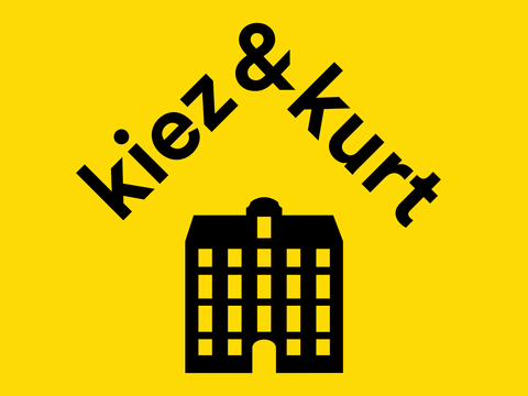 Logo mit dem Text "kiez&kurt" und ein Piktogramm von einem schönen, klassischen Gebäude.