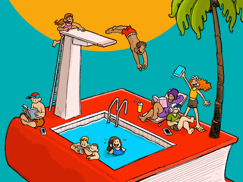 Fantasie-Zeichnung: Ein riesiges Buch mit Schwimmbad darin. Junge Menschen lesen und spielen dort.