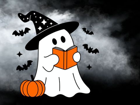 Ein Geist mit Hexenhut hält ein orangefarbenes Buch