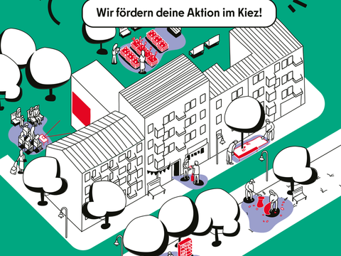 Gezeichnete Straße in Mitte mit Häusern, Bäumen und Menschen, die Beete pflanzen und feiern.