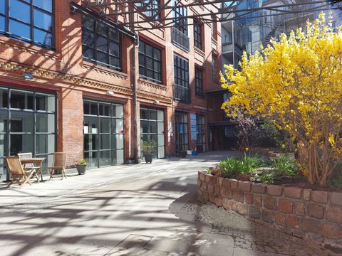Fabrik Osloer Straße Hofansicht mit Forsythie