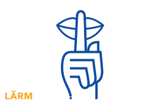 In blau gezeichnet Lippen, davor eine Hand, die ein "Leise"-Zeichen macht. Daneben in orange das Wort "Lärm"