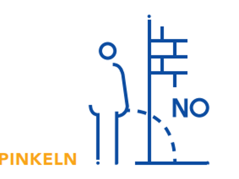 In blau gezeichnet ein abstraktes Männchen, dass gegen eine Backsteinwand pinkelt. Darüber das Wort "No" in links daneben das Wort "Pinkeln" in orangener Schrift