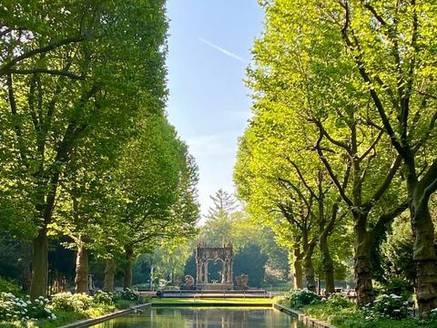 Im Vordergrund sieht man ein langgestrecktes Wasserbecken. Rechts und links davon Bäume und weiße Bluemen. Am Ende des Wasserbeckens befindet sich der Märchenbrunnen