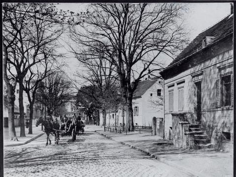 Historische Ansicht des Richardplatzes. Auf dem Kopfsteinpflaster mehrere Kutschen, die von Pferden gezogen werden. Rechts davon niedrige Häuser. Rechts und links der Straße Baume ohne Blätter