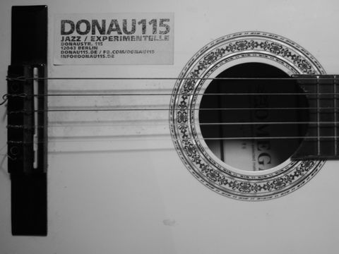 Schwarz/ weiß Bild, Nahaufnahme einer Gitarre. Es ist nur der hintere Teil der Gitarre zu sehen mit der Öffnung. Man sieht sechs Gitarrensaiten. Oberhalb steht der Schriftzug Donau 115