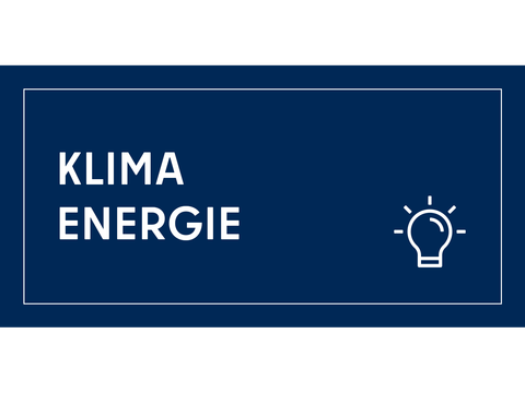 Die Begriffe "Klima" und "Energie" und rechts daneben das Symbol einer leuchtenden Glühbirne
